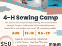 4-H Sewing Camp August 15-16 from 9-2. Cost is $50