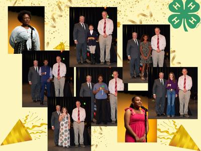 Collage of students on stage receiving awards from officials and two students singing