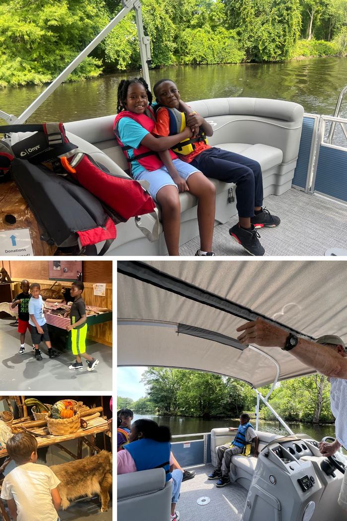 Students inspect relics and ride a boat together.