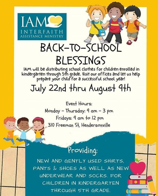 IAM Interfaith Assistance Ministry flyer — Back-to-School Blessings, July 22 thru August 4