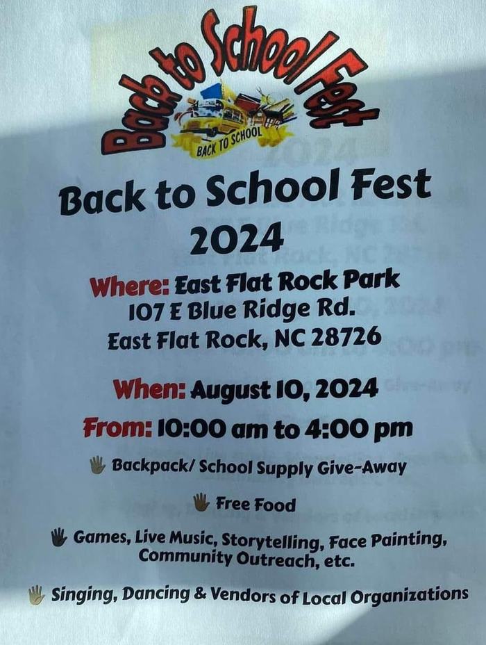 Back to School Fest 2024 — East Flat Rock Park, Aug 10, 2024, 10:00 am–4:00 pm