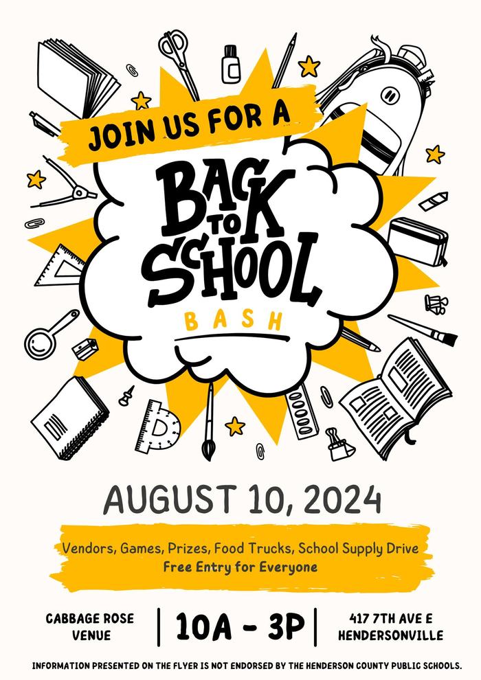 Back to School Bash — August 10, 2024, 10A–3P; Cabbage Rose Venue, 417 7th Ave E, Hendersonville