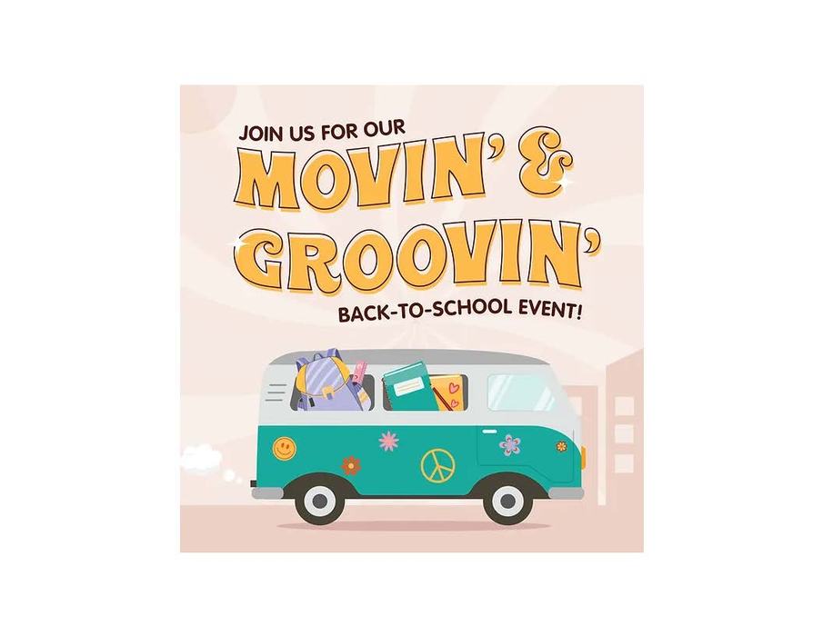 Teal retro van with backpack and books; text: "Movin' & Groovin' BACK-TO-SCHOOL EVENT"