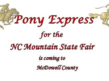 Riders above text: Pony Express for the NC Mountain State Fair is coming to McDowell County