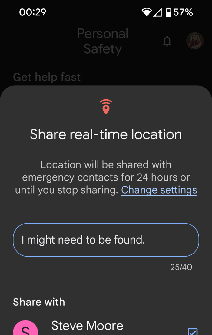 Emergency sharing screenshot