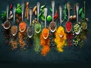 spoons line up on black background full of various herbs and spices