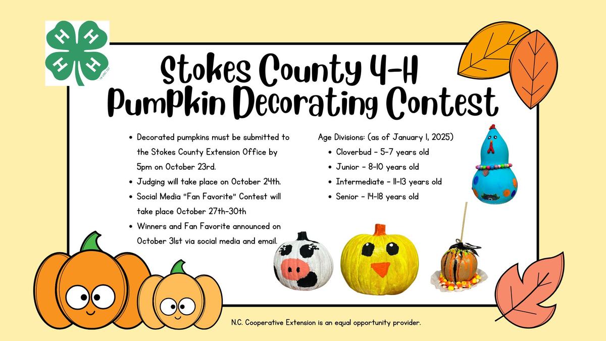 Stokes County 4-H Pumpkin Decorating Contest poster with submission dates, rules, and age divisions