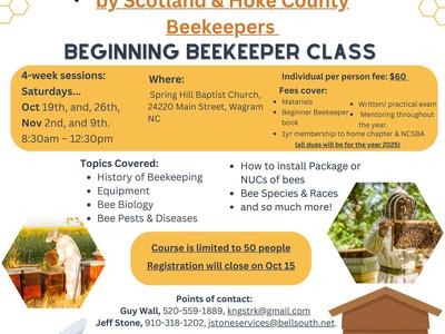 Fall 2024 Beginning Beekeeper class flyer — 4-week Saturdays Oct 19–Nov 9, Spring Hill Baptist