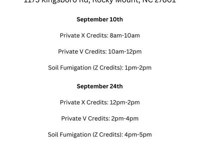 September Pesticide Classes at East Carolina Ag Center, 1175 Kingsboro Rd; Sept 10 and 24