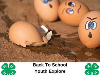 Cracked egg and eggs with drawn faces, banner reads 'Back To School: Youth Explore — Egg Drop STEM Activity'