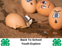 Cracked egg and eggs with drawn faces, banner reads 'Back To School: Youth Explore — Egg Drop STEM Activity'
