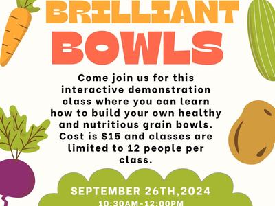 Brilliant Bowls class flyer: 79 Carmel Lane, Columbus NC; Sept 26, 2024; $15; 10:30am-12pm or 5:30pm-7pm
