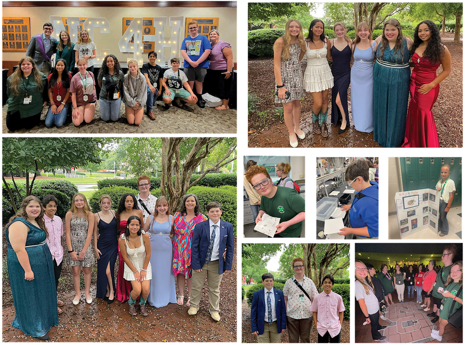 :Back row-Alumni Lance Williams, Emma Haynes, Layla Stoudemire, Kendal Thornburg, Meg Wyatt; Front row: Meredith Potter, Sophia Bobbitt, Holly Thornburg, Mia Clark, Tia Iversen, William Kozak and Ayden Wyatt; Girls Gala photo; middle row: Kendal making paper; Ayden Making Paper; Valerie Poole presentation; Bottom row:Gala photo-Group, girls and boys; Boys Gala photo; Candid shot of kids around NCSU symbol.