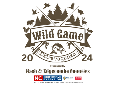 Wild Game Extravaganza 2024 logo with crossed fishing rods, fish, trees, and wildlife silhouettes