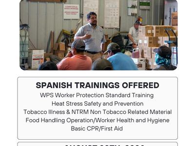 Farmworker Safety Day header; instructor giving safety training to seated farmworkers