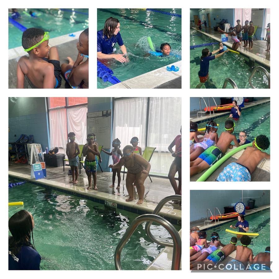 A collage of children learning to swim in an indoor pool.