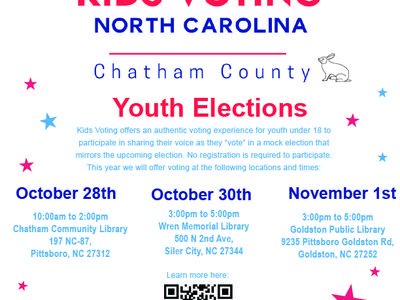 Kids Voting North Carolina — Chatham County Youth Elections flyer; voting dates Oct 28, Oct 30, Nov 1