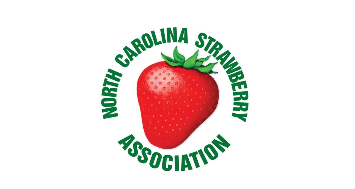 Red strawberry illustration centered, text "North Carolina Strawberry Association" around it