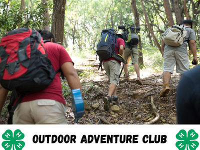 Hikers with backpacks climbing a forest trail; text: OUTDOOR ADVENTURE CLUB with 4‑H logos