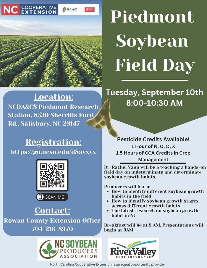 Piedmont Soybean Field Day, Tuesday, September 10th, 8:00–10:30 AM