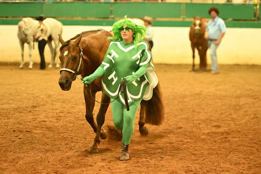Person in green 4-H clover costume leading a brown horse in an indoor arena