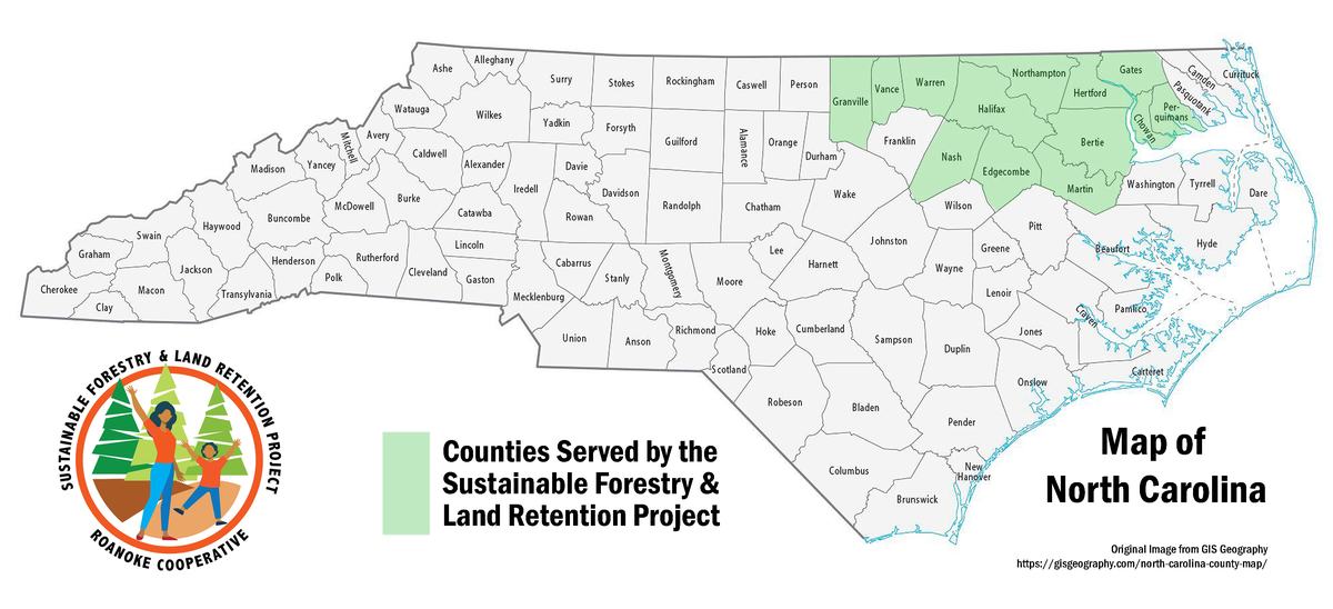 North Carolina map with shaded counties; text "Counties Served by the Sustainable Forestry & Land Retention Project"