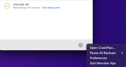 CrashPlan menu; status: "Internet2 US Next backup in 13 minutes — Run backup now."
