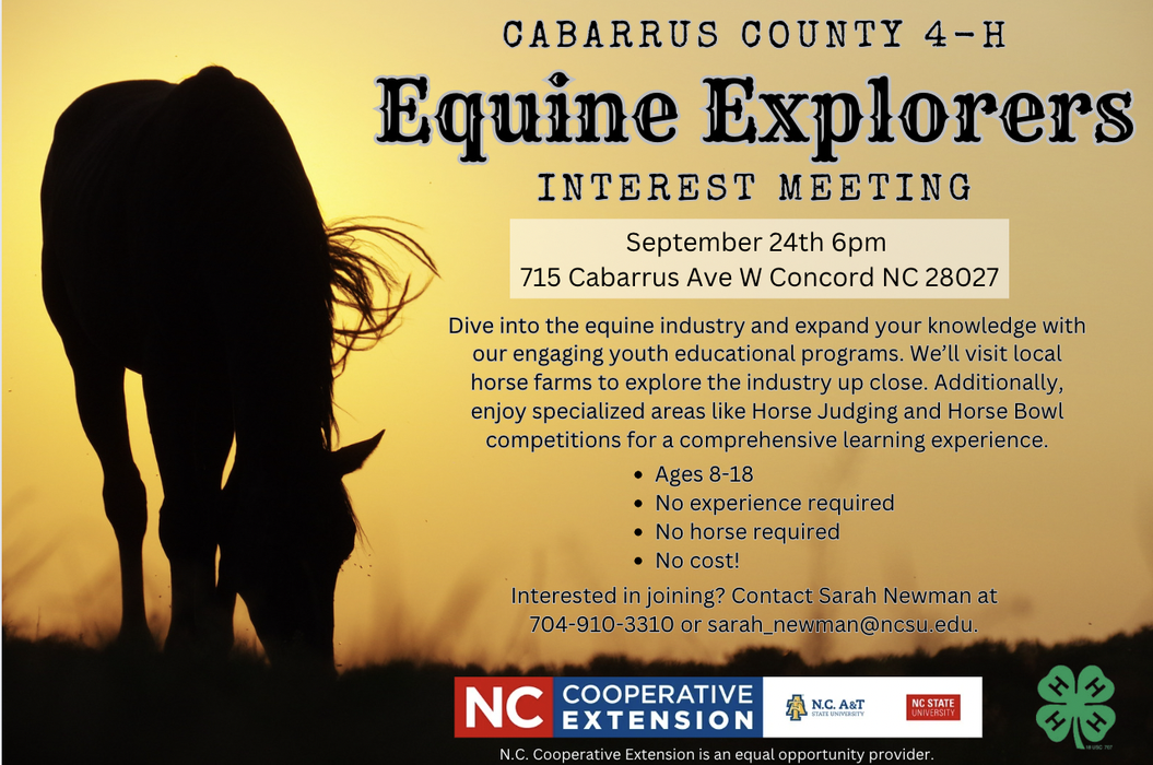 Silhouette horse at sunset; Equine Explorers Interest Meeting, Sept 24 6pm, 715 Cabarrus Ave W