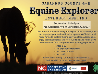 Silhouette horse at sunset; Equine Explorers Interest Meeting, Sept 24 6pm, 715 Cabarrus Ave W