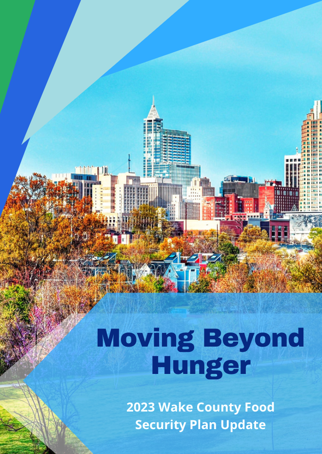Raleigh skyline with overlay text "Moving Beyond Hunger" and "2023 Wake County Food Security Plan Update"