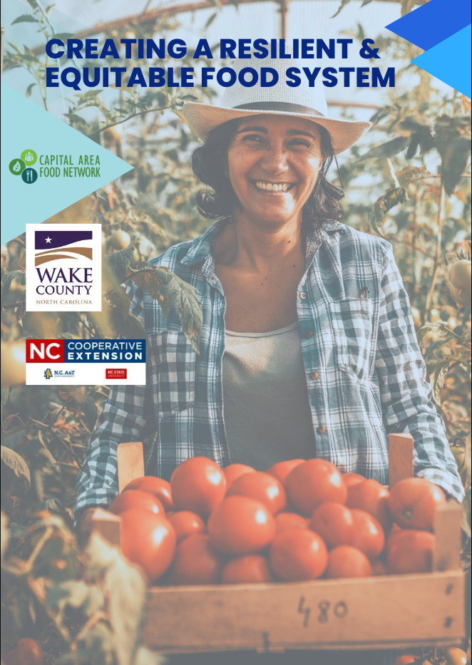 Farmer with crate of tomatoes; text: CREATING A RESILIENT & EQUITABLE FOOD SYSTEM