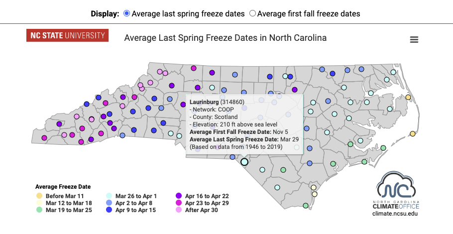 Map of North Carolina showing average last spring freeze dates by station with legend