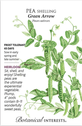 Pea plant with pods; text: "PEA shelling Green Arrow (Pisum sativum), Frost tolerant, 65 days"