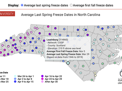 Map of North Carolina showing average last spring freeze dates by station with legend