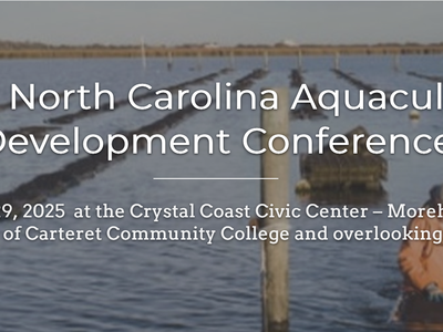 Oyster beds and worker with text: "2025 North Carolina Aquaculture Development Conference" Mar 27–29, 2025