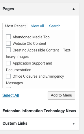 Screenshot of the Page selection box for building a secondary menu in Wordpress