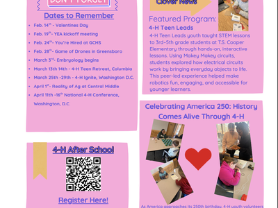 Gates County 4-H February Newsletter poster with dates to remember, Clover News, and QR code