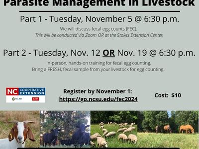 Parasite Management in Livestock — Part 1 Nov 5 6:30pm; Part 2 Nov 12 or Nov 19 6:30pm; $10