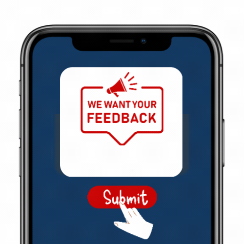 A mobile phone with the message "we want your feedback" and animation of three checkboxes with only one being selected with a green checkmark and bellow a submit button being pressed by a hand