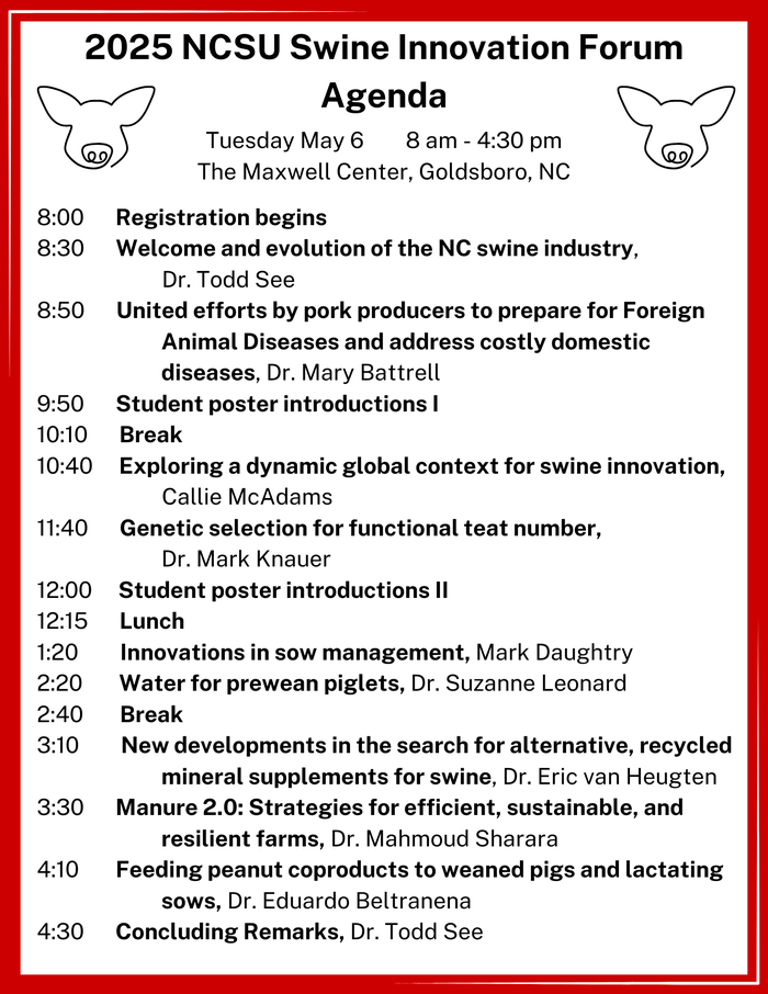 2025 NCSU Swine Innovation Forum agenda — Tuesday May 6, 8 am–4:30 pm, The Maxwell Center, Goldsboro