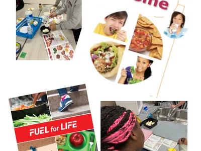 Collage showing EFNEP "Teen Cuisine" and "Fuel for Life" panels with teens preparing and plating food