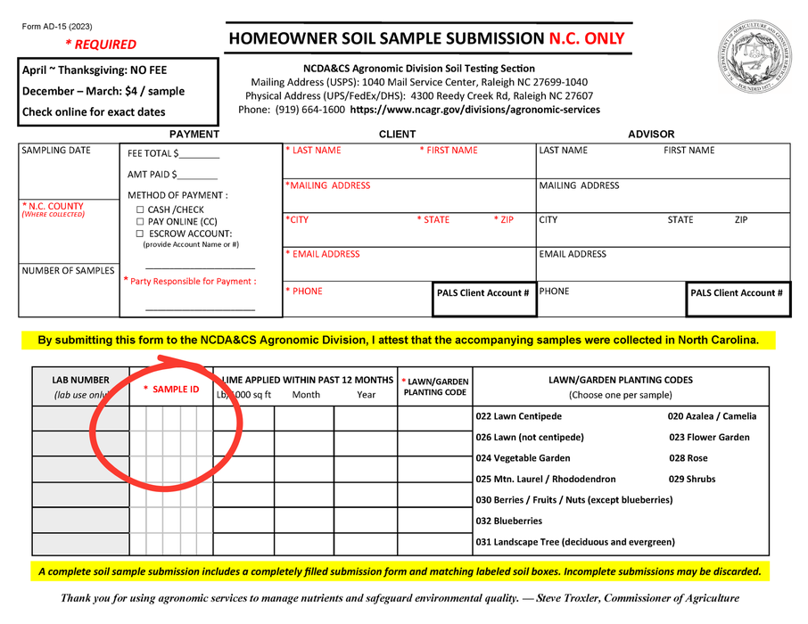 Homeowner Soil Sample form