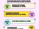 Fall 2024 Foods classes: Sep 25 canning; Oct 23 nutrition facts; Nov 13 cutlery; Dec 11 seasonings