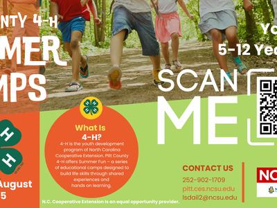 Pitt County 4-H Summer Camps June–August 2025, Youth 5–12 years old, QR code
