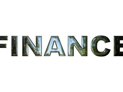Word "FINANCE" in large stylized reflective letters on a white background