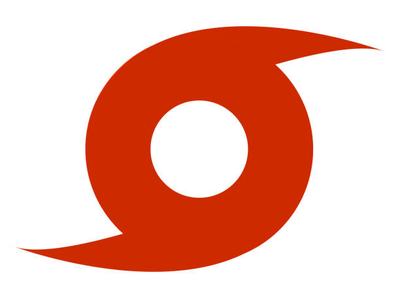 Red stylized hurricane symbol: circular eye with two curved pointed spiral arms