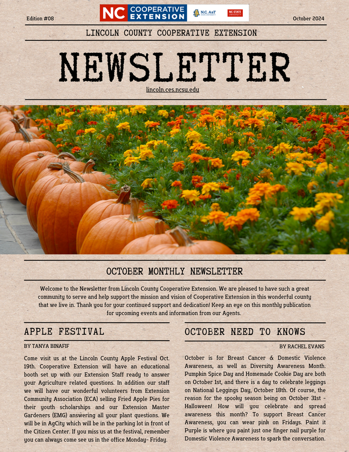 Page 1 of October Newsletter with pumpkin and flower banner image, Apple Festival information and October days of note