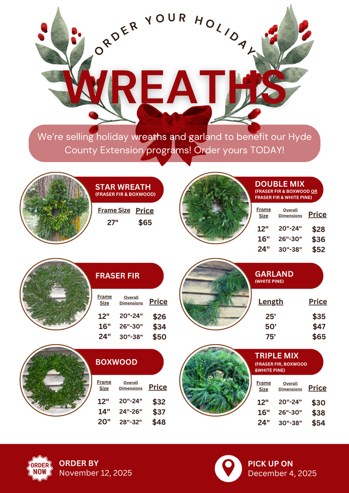 Holiday wreaths and garland sale flyer — Order by Nov 12, 2025; pick up Dec 4, 2025