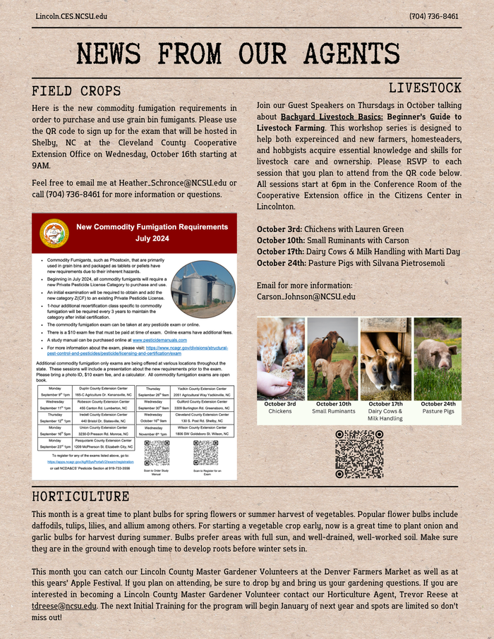 Page 2 of the October Newsletter with Field Crop information, Livestock blurb and Horticulture tips and tricks