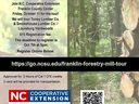 2024 Franklin Forestry Mill Tour flier with date, time, location registration info and a forest of cut trees background